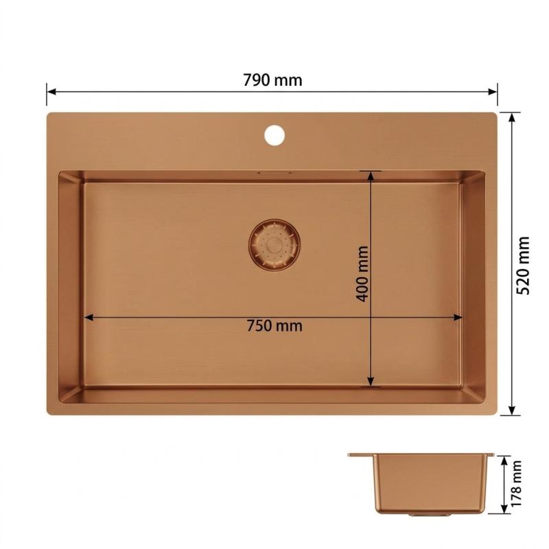 Pure.Sink Comfort Rose Koperen Grote Spoelbak 75x40cm Tapwing met kraanopening PCM7540T-62
